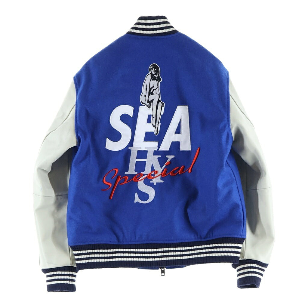 WIND AND SEA(ウィンダンシー) 20AW×HYSTERIC GLAMOUR Stadium Jacket スタジャン 袖カウレザー ガールワッペン ブルー WDS-HYS-2-01