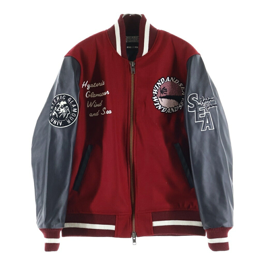 WIND AND SEA(ウィンダンシー) 23AW×HYSTERIC GLAMOUR VARSITY JACKET バーシティジャケット スタジャン アームレザー切替 ブラック/レッド WDS-C-HYS-24-Q2-01