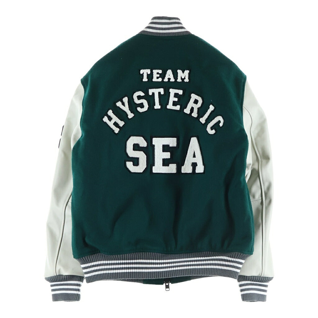 WIND AND SEA(ウィンダンシー) 21AW×HYSTERIC GLAMOUR TEAM STADIUM JACKET スタジャン バーシティジャケット アームレザー切替 グリーン/ホワイト WDS-HYS-3-01