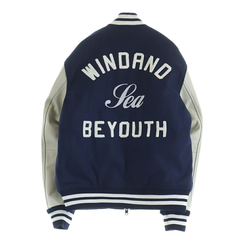 WIND AND SEA(ウィンダンシー) WIND AND BEYOUTH Varsity Jacket ワッペン 刺繍 スタジャン バーシティジャケット アームレザー切替 ネイビー/ホワイト WDS-BYT-RS-01