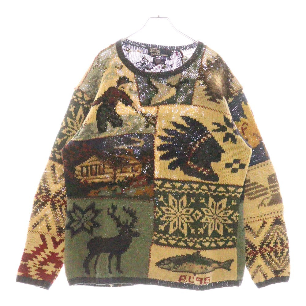 POLO RALPH LAUREN(ポロラルフローレン) 90S RL95 Patchwork Knit 両面パッチワーク柄 ケーブルニットセーター マルチ