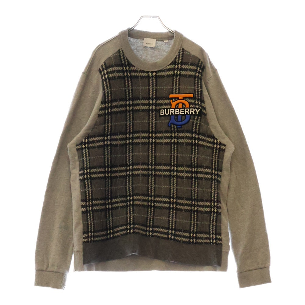 BURBERRY(バーバリー) ノヴァチェックデザイン ニット切替 ロゴ刺繍 スウェット トレーナー グレー 8033045