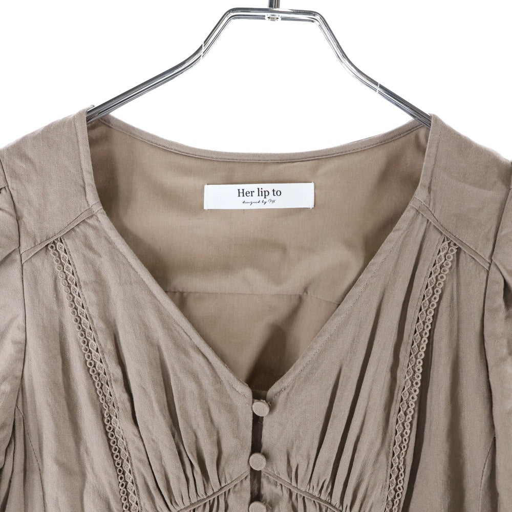 NO BRAND(ノーブランド) リネン 半袖 ロングワンピース ブラウン