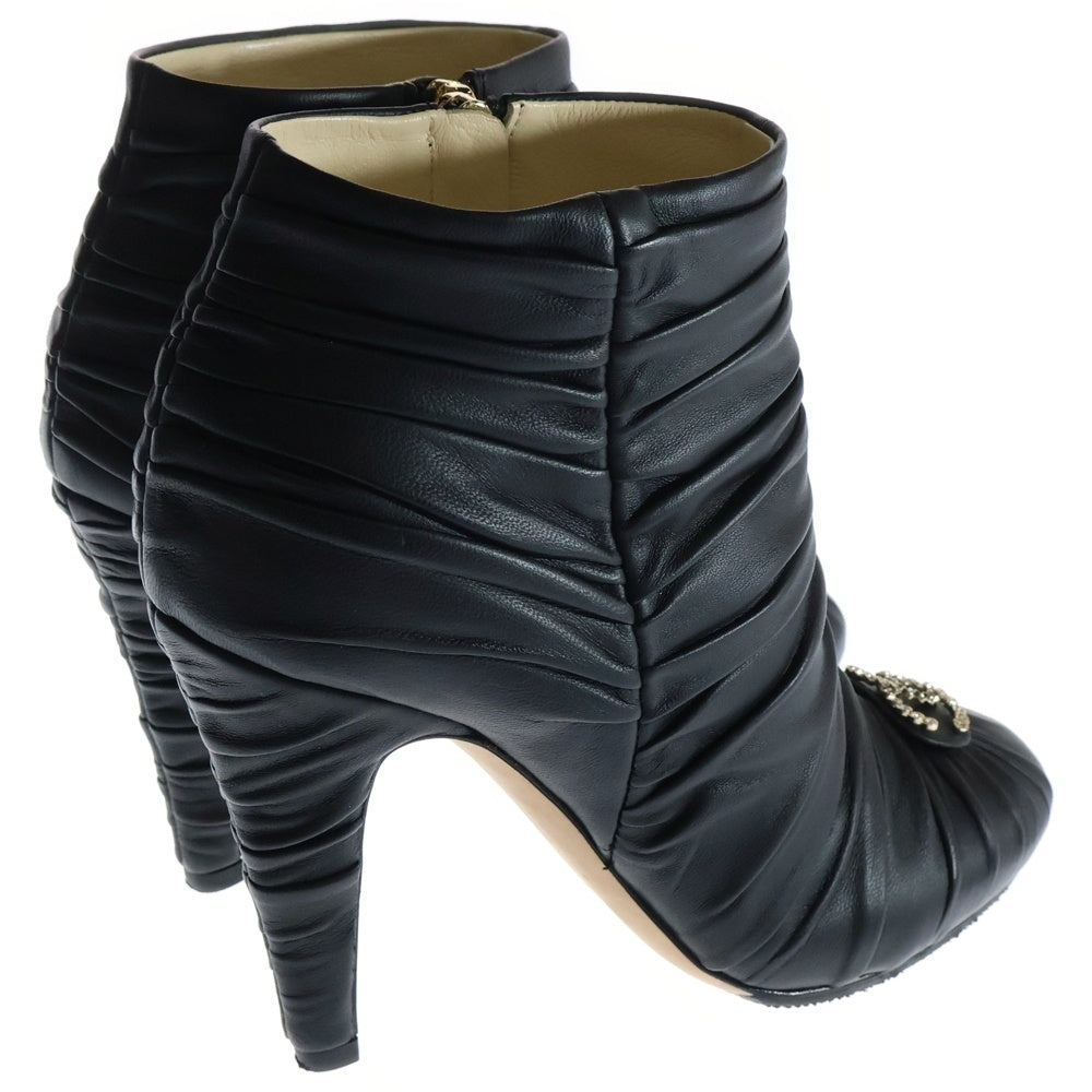CHANEL(シャネル) Ruched Satin Crystal CC Short Boots ルーシュ サテン クリスタル CC ショートブーツ レザー ブラック レディース