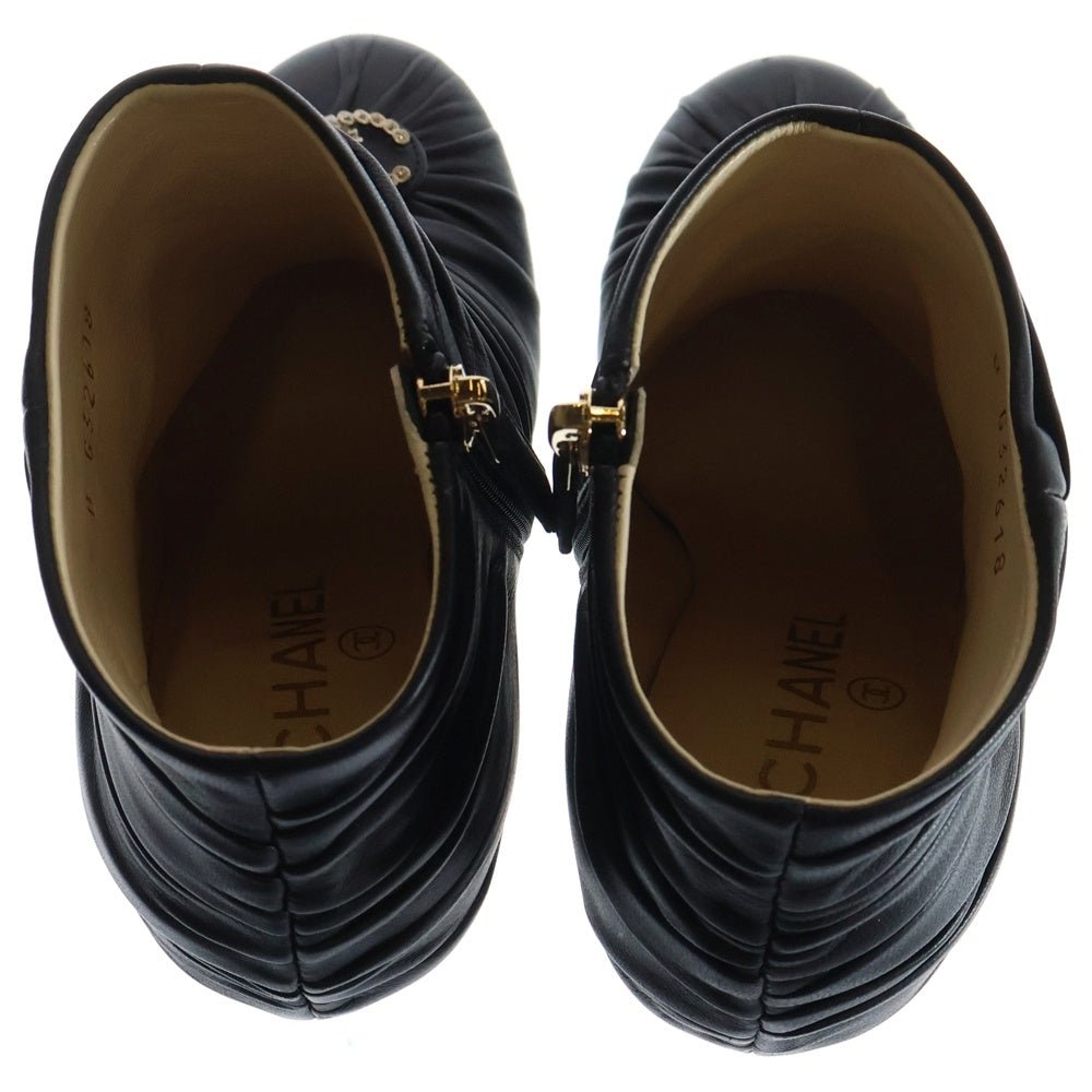 CHANEL(シャネル) Ruched Satin Crystal CC Short Boots ルーシュ サテン クリスタル CC ショートブーツ レザー ブラック レディース