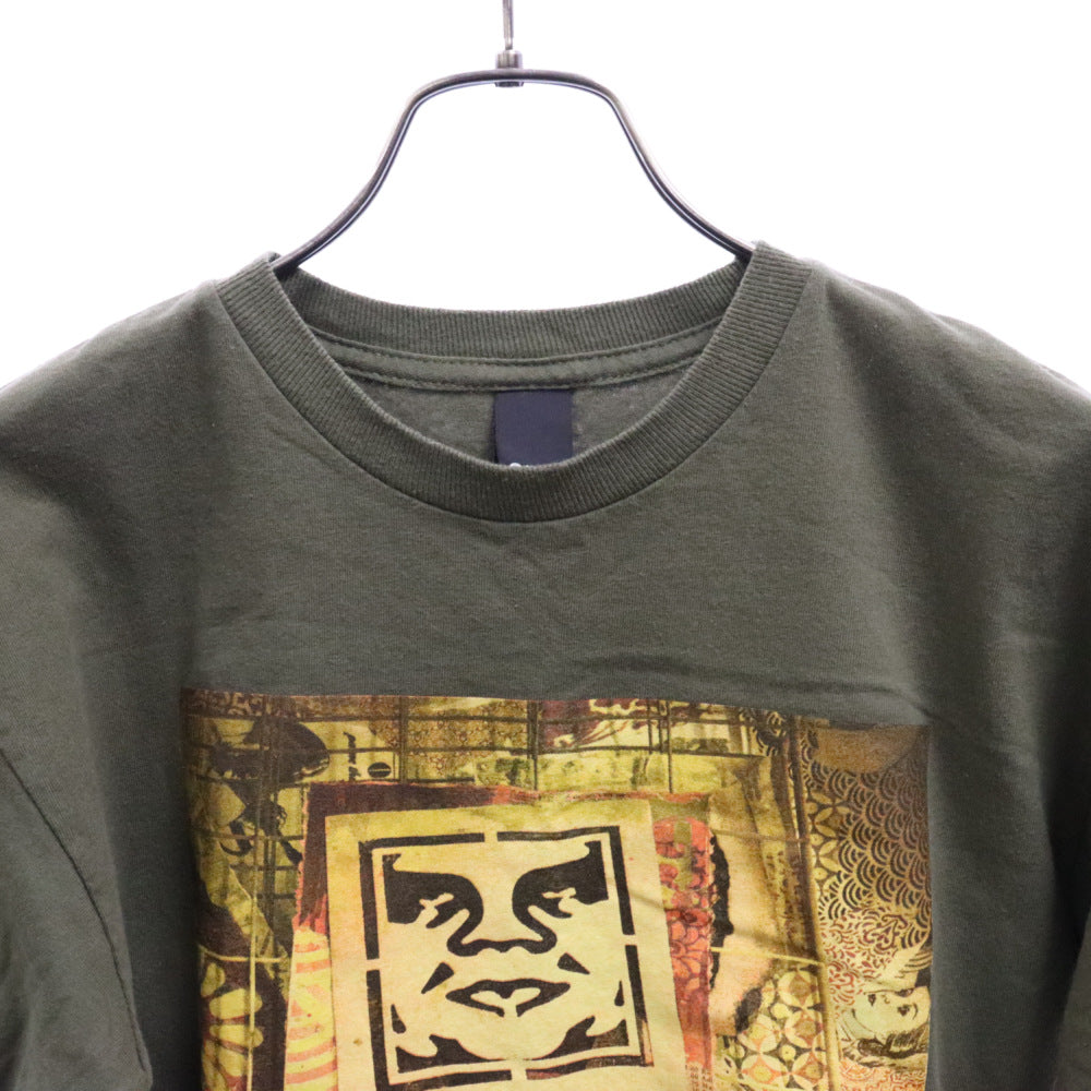 OBEY(オベイ) プリント クルーネック 半袖Tシャツ カットソー カーキ