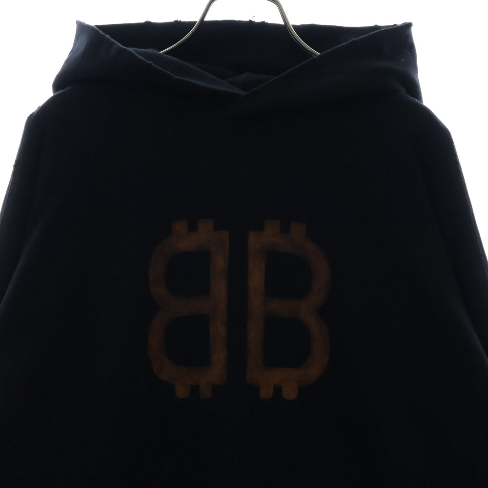 BALENCIAGA(バレンシアガ) 22AW BB Crypto Coin ヴィンテージ加工 BBロゴ プルオーバースウェットパーカー フーディ ブラック 742603 TOVN7