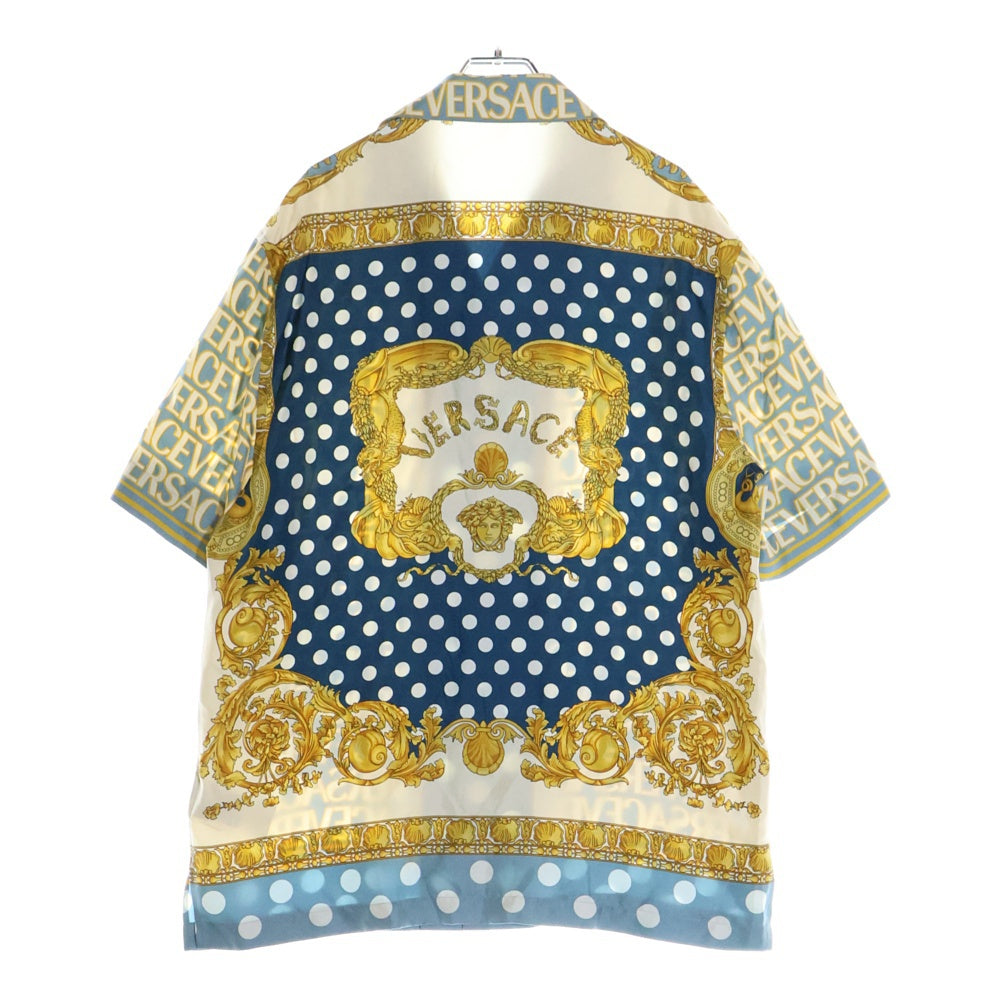 VERSACE(ヴェルサーチ) 総柄シルク 半袖T開襟シャツ 1A07777 ブルー/イエロー