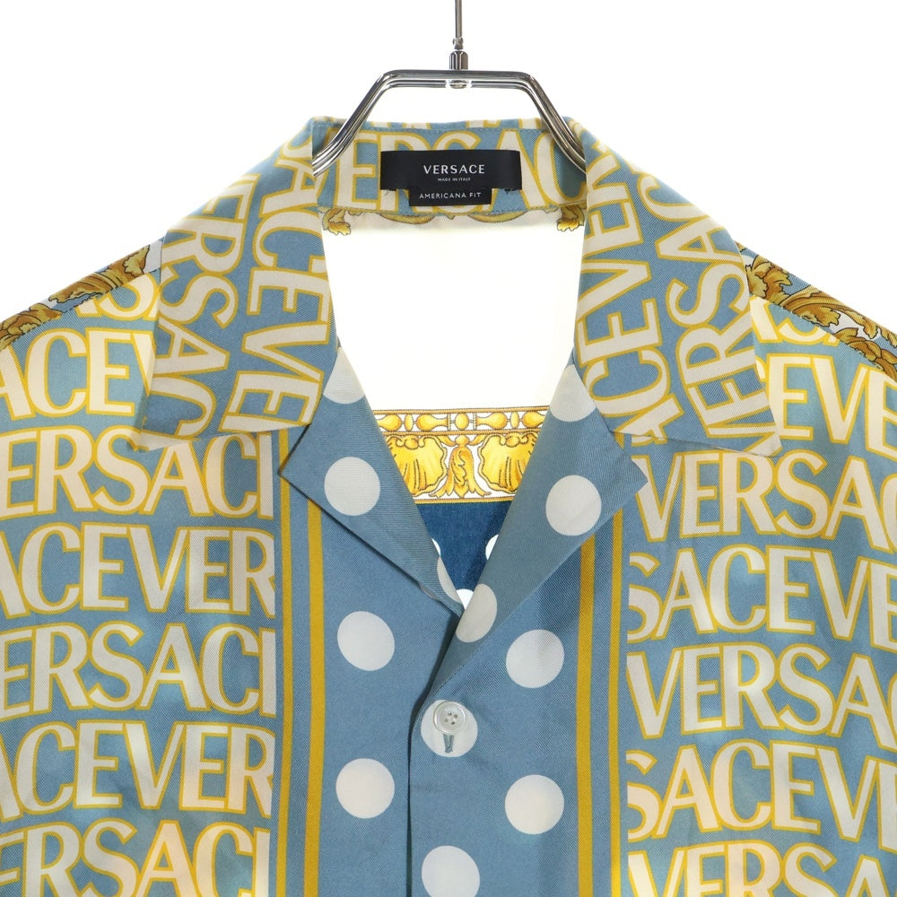 VERSACE(ヴェルサーチ) 総柄シルク 半袖T開襟シャツ 1A07777 ブルー/イエロー