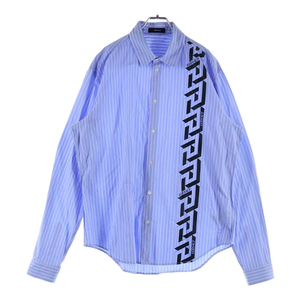 VERSACE(ヴェルサーチ) LA GRECA STRIPED SHIRT ストライプ ロゴプリント長袖シャツ ブルー/ホワイト 1010267-1A07313
