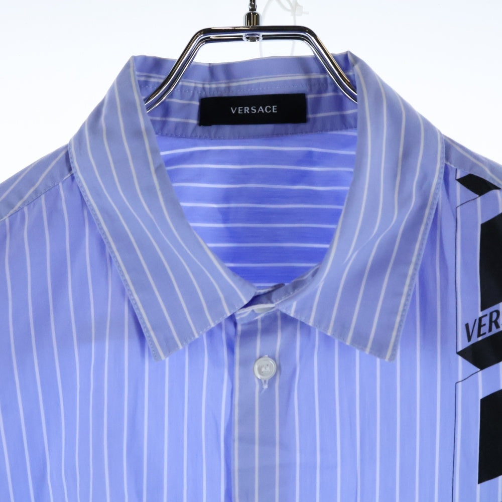 VERSACE(ヴェルサーチ) LA GRECA STRIPED SHIRT ストライプ ロゴプリント長袖シャツ ブルー/ホワイト 1010267-1A07313