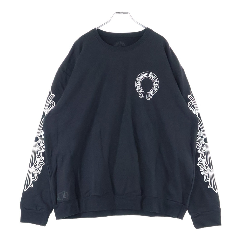 CHROME HEARTS(クロムハーツ) Horseshoe L/S Sweatshirt ホースシュープリント 袖フローラルプリント クルーネックスウェットトレーナー ブラック