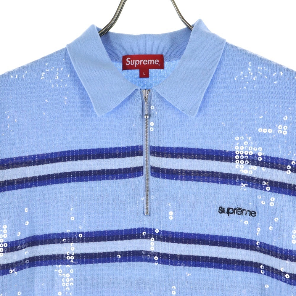 SUPREME(シュプリーム) 23SS Sequin Stripe Zip Polo ストライプ ハーフジップポロシャツ ブルー