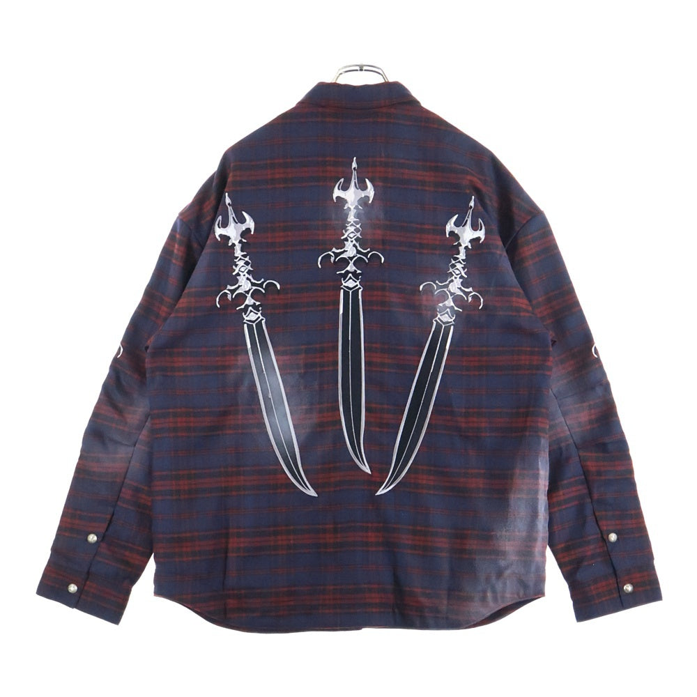 THUG CLUB(サグクラブ) 24AW Arab Sword Flannel Shirt アラブソード 袖 バック刺繍 ロゴプレート チェック総柄 フランネル スナップボタン 長袖シャツ TC24SH2003