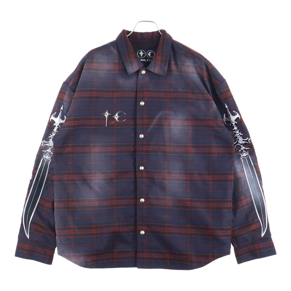 THUG CLUB(サグクラブ) 24AW Arab Sword Flannel Shirt アラブソード 袖 バック刺繍 ロゴプレート チェック総柄 フランネル スナップボタン 長袖シャツ TC24SH2003