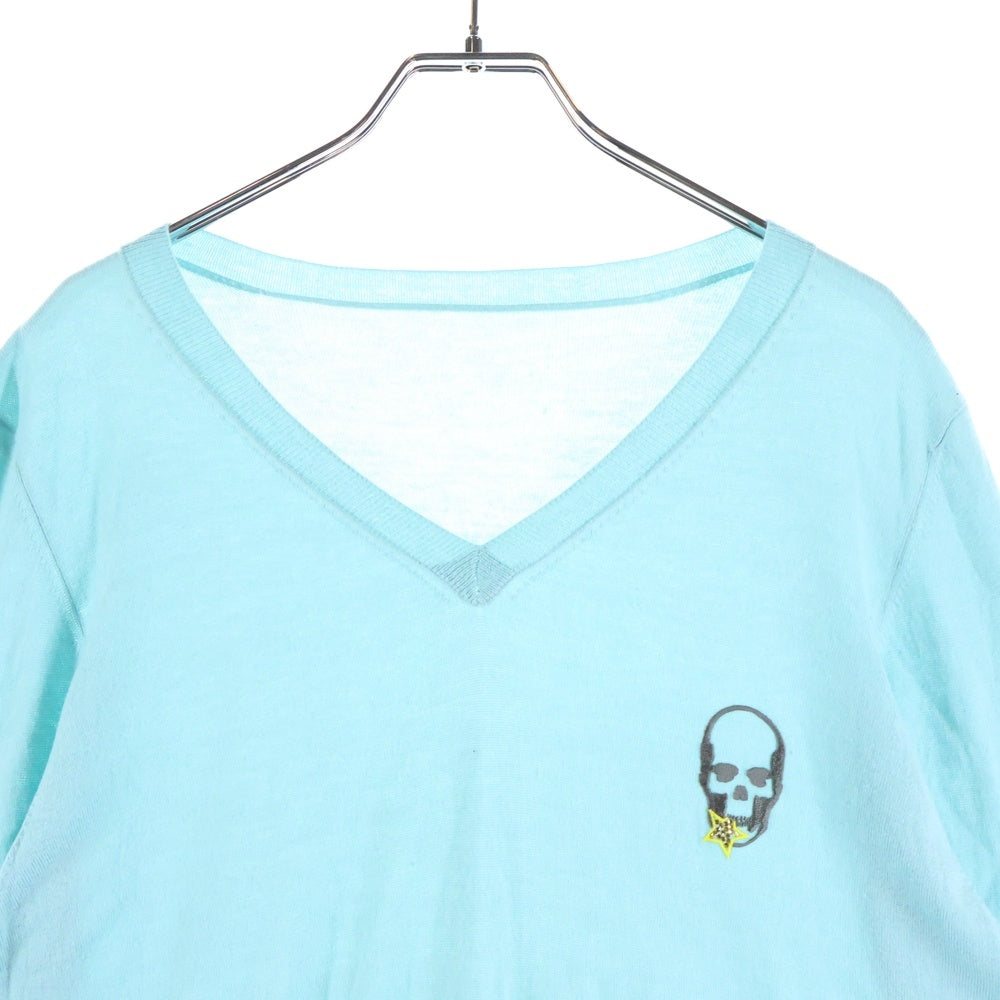 lucien pellat-finet(ルシアンペラフィネ) スカル Vネック レーヨン ニットセーター スカイブルー