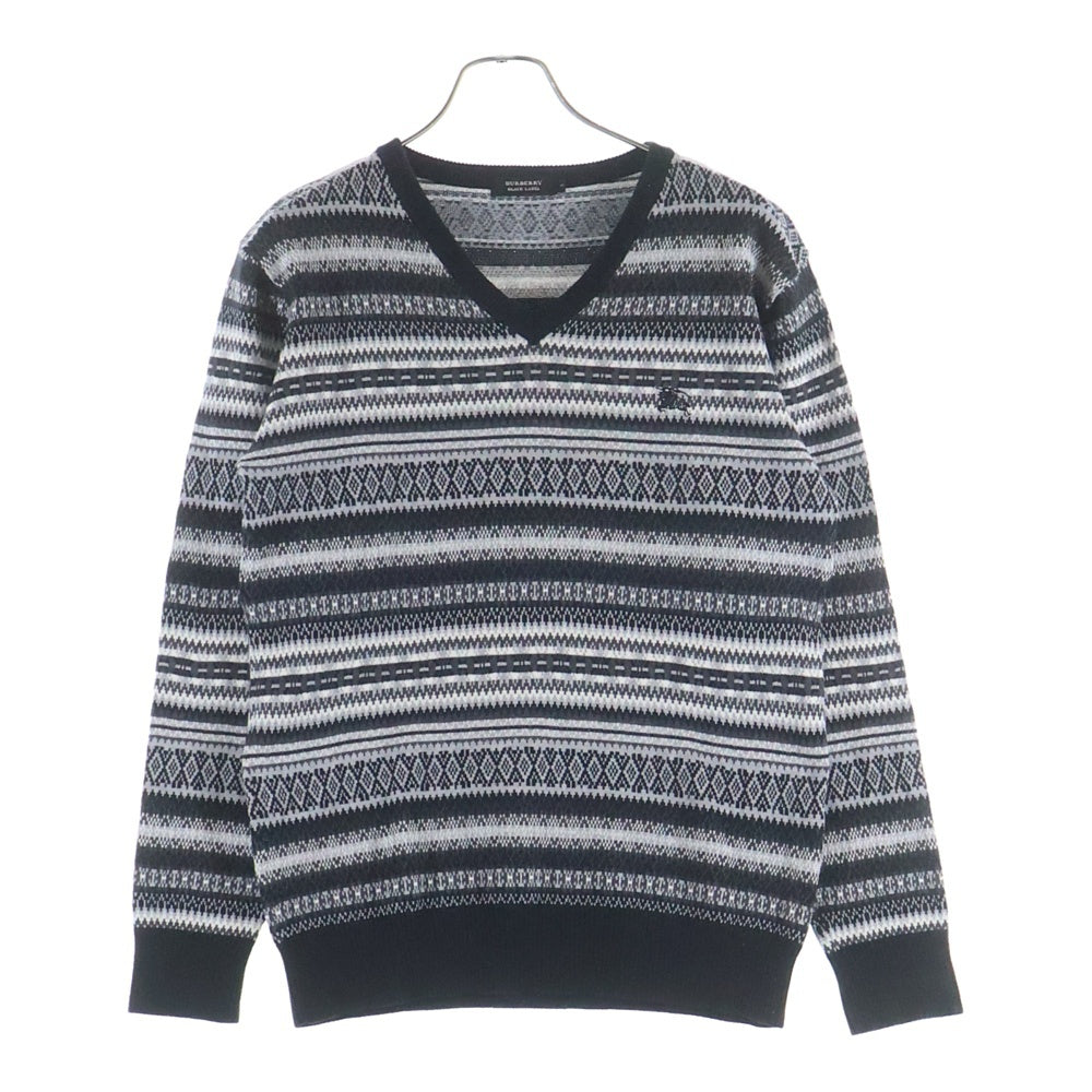BURBERRY BLACK LABEL(バーバリー ブラックレーベル) ロゴ刺繍 Vネック総柄コットンセーター ブラック D1N74-406-09