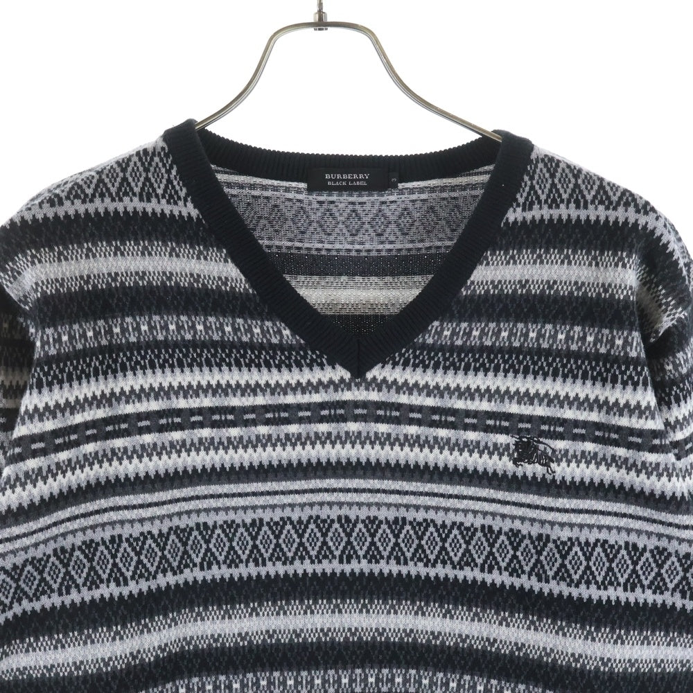 BURBERRY BLACK LABEL(バーバリー ブラックレーベル) ロゴ刺繍 Vネック総柄コットンセーター ブラック D1N74-406-09