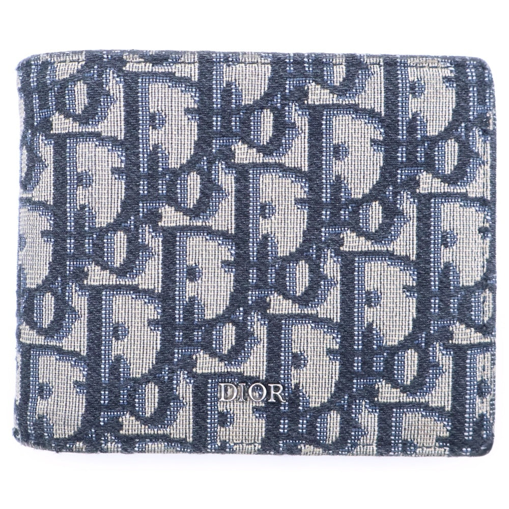 Christian Dior(クリスチャンディオール) オブリーク 二つ折り財布 ネイビー キャンバス コンパクトウォレット グレー レディース