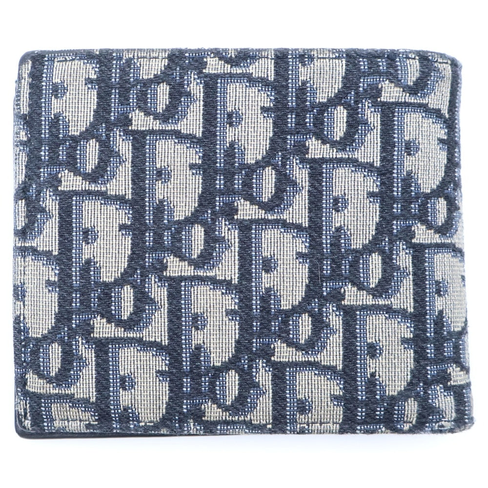 Christian Dior(クリスチャンディオール) オブリーク 二つ折り財布 ネイビー キャンバス コンパクトウォレット グレー レディース