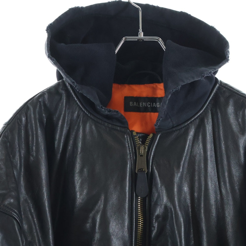 BALENCIAGA(バレンシアガ) 22AW MA-1 レザーボンバージャケット フード付き ブラック 750930 TOS17