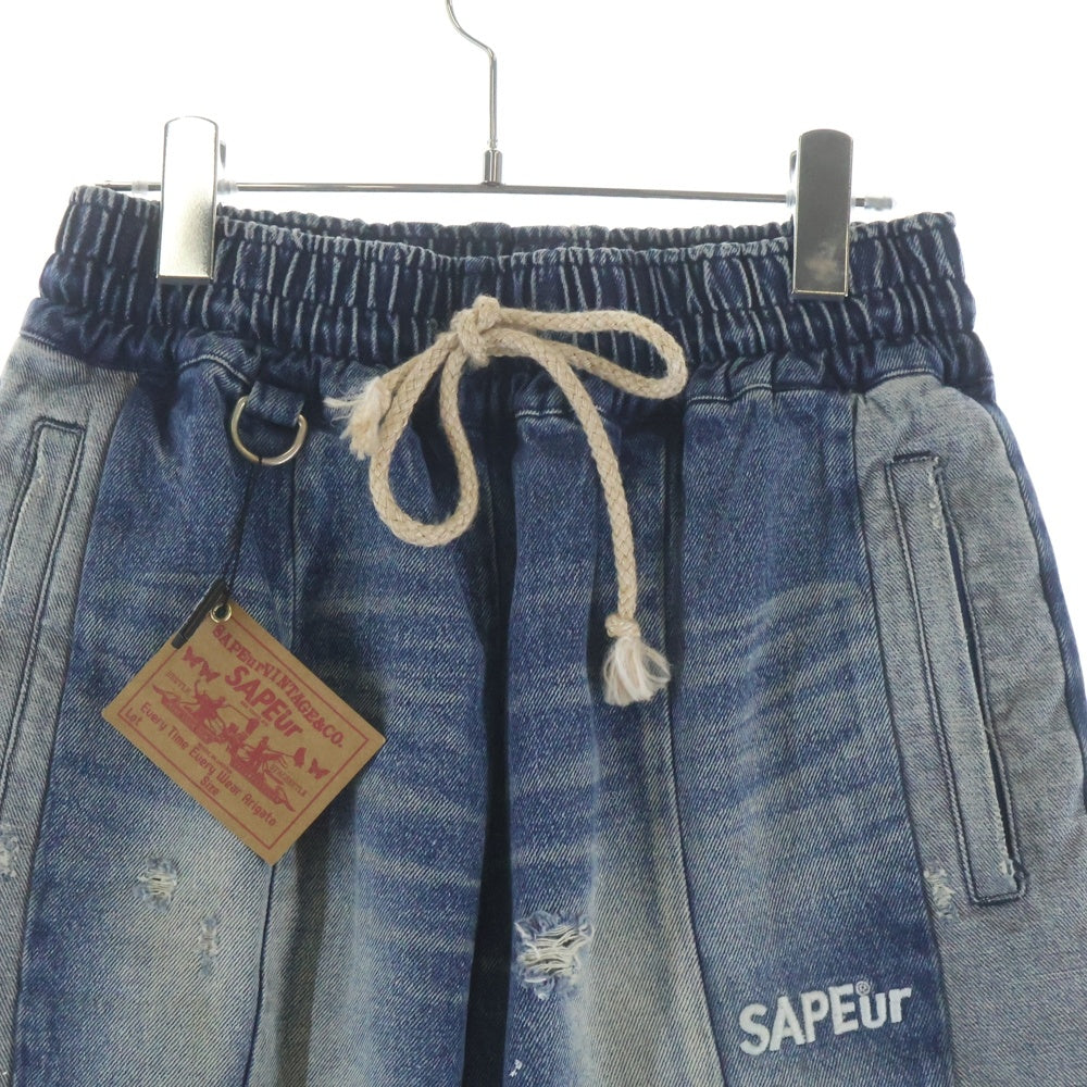 SAPEur(サプール) ロゴ刺繍 切替デザイン デニムイージーパンツ インディゴ