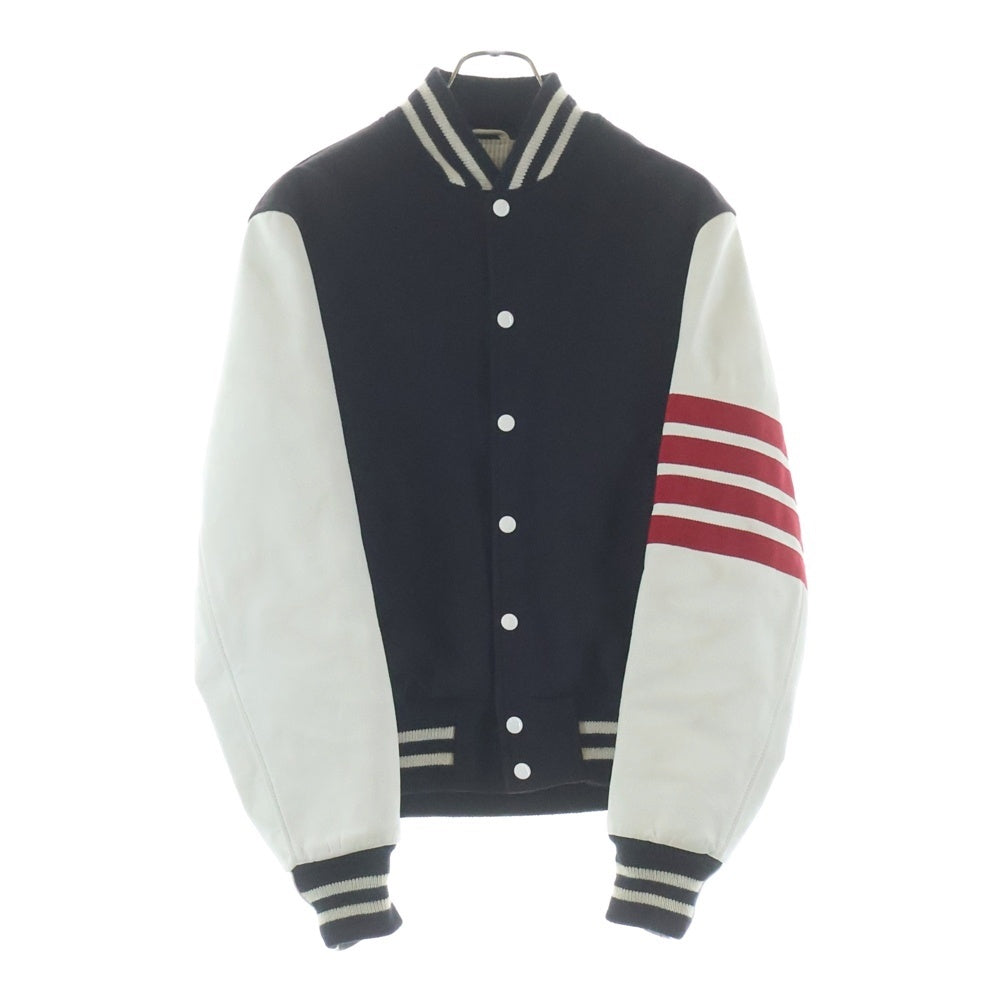 THOM BROWNE(トムブラウン) 4BAR レザー切替 スタジアムジャケット ブラック/ホワイト/レッド 01103I1030