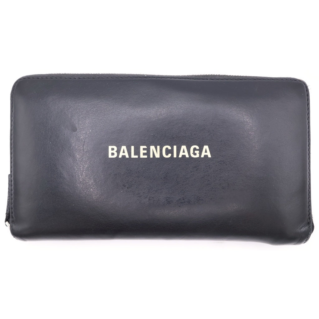 BALENCIAGA(バレンシアガ) ロゴプリント レザー ラウンドジップ ウォレット 財布 ブラック