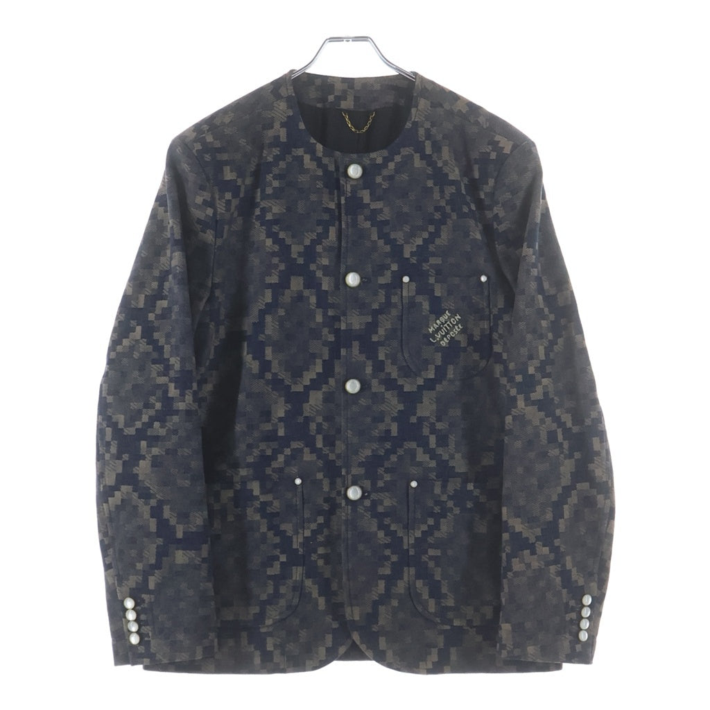 LOUIS VUITTON ルイヴィトン 25SS ロゴ刺繍 ダミエ ノーカラーコットンジャケット ブルー/ブラウン RM251M SCR HSA64E LOUIS VUITTON(ルイヴィトン) 25SS ロゴ刺繍 ダミエ ノーカラー