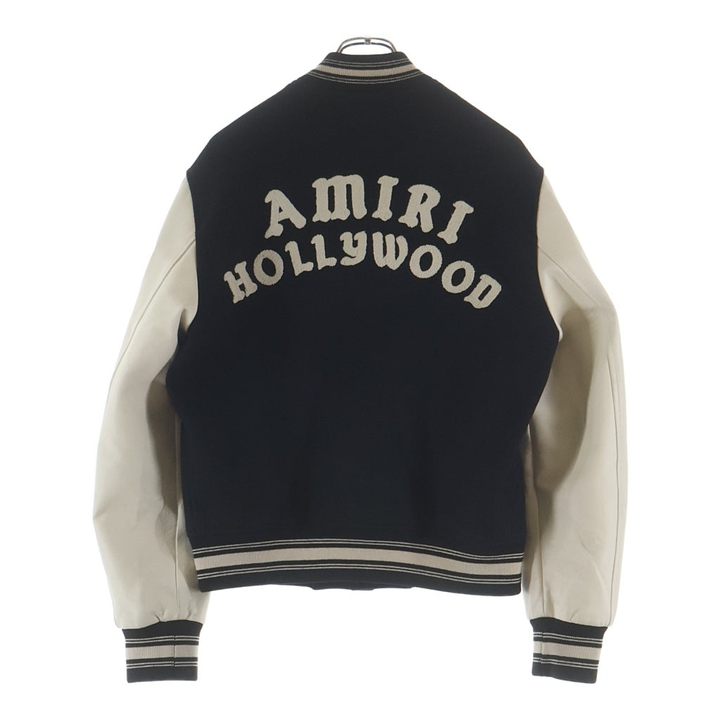 AMIRI(アミリ) HOLLYWOOD BOMBER ボンバージャケット ロゴ刺繍 レザー切替スタジャン ブラック/ホワイト AMOUBB1066