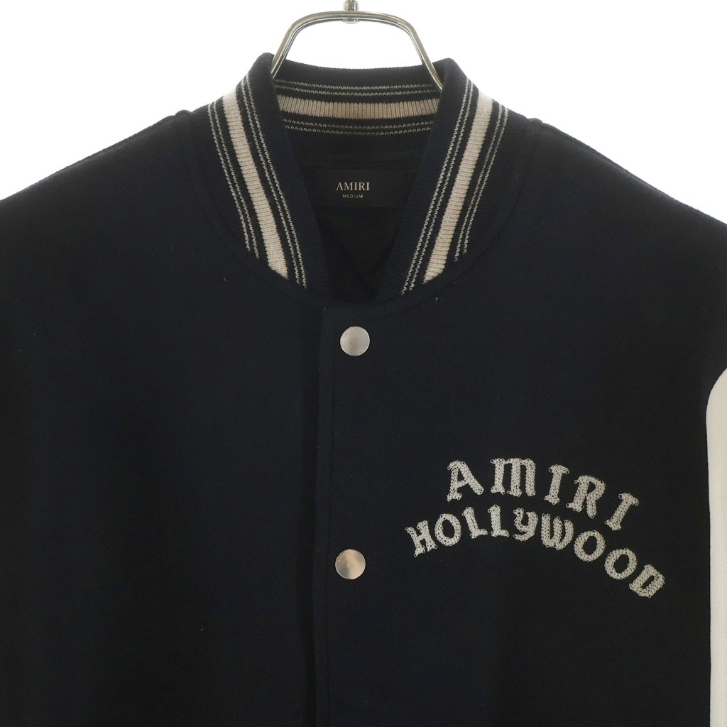 AMIRI(アミリ) HOLLYWOOD BOMBER ボンバージャケット ロゴ刺繍 レザー切替スタジャン ブラック/ホワイト AMOUBB1066