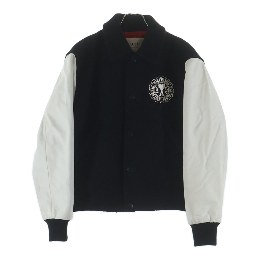 AMI Alexandre Mattiussi(アミアレクサンドルマテュッシ) レザー切替ウールバーシティジャケット スタジャン HJK214.259 ブラック/ホワイト