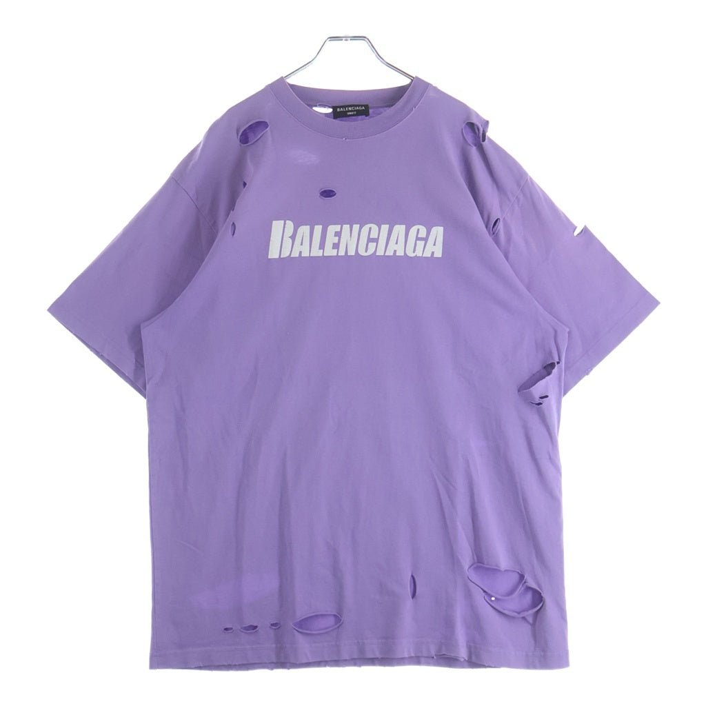 BALENCIAGA(バレンシアガ) 21SS デストロイ加工 ロゴプリント 半袖Tシャツ カットソー パープル 651795 TKVB8