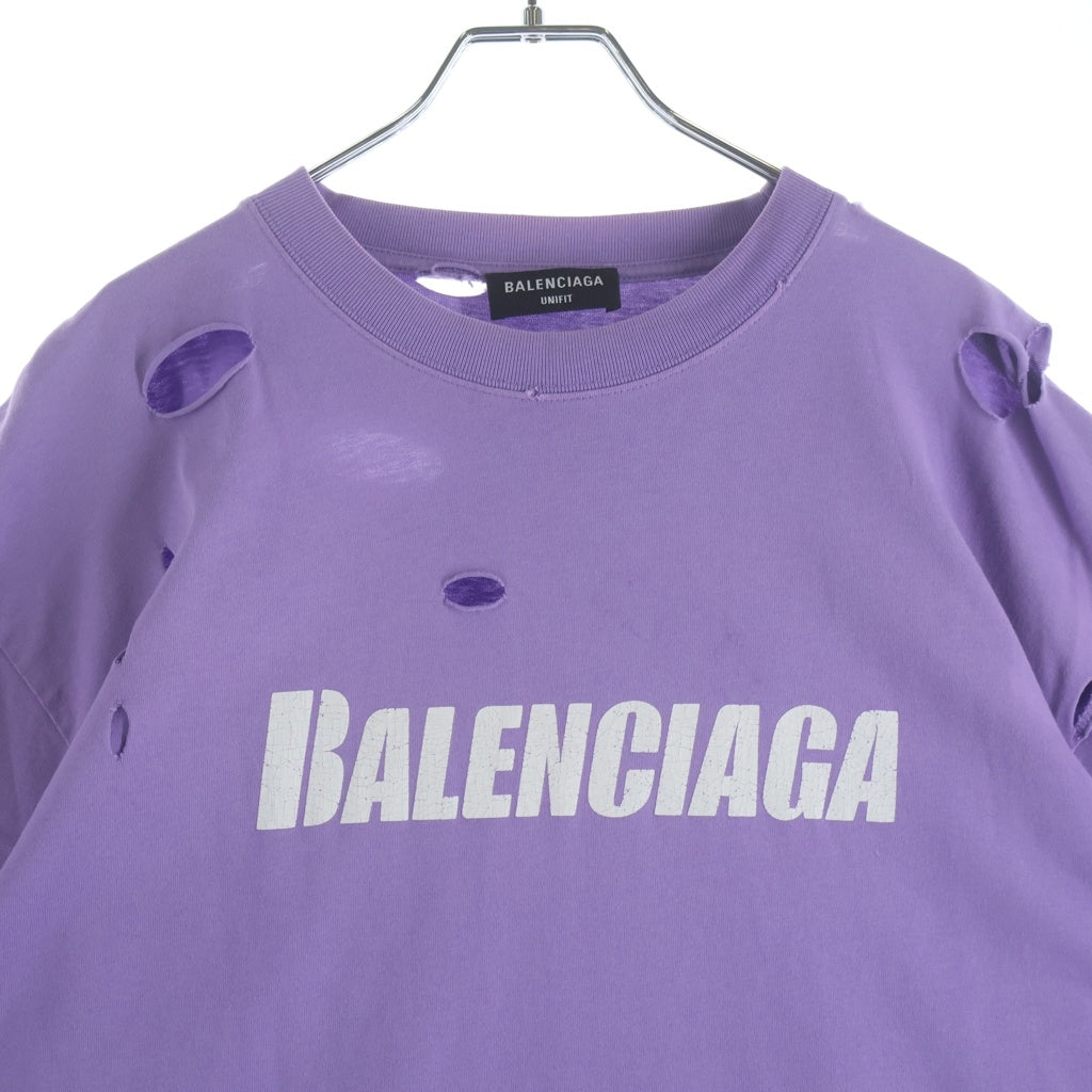 BALENCIAGA(バレンシアガ) 21SS デストロイ加工 ロゴプリント 半袖Tシャツ カットソー パープル 651795 TKVB8