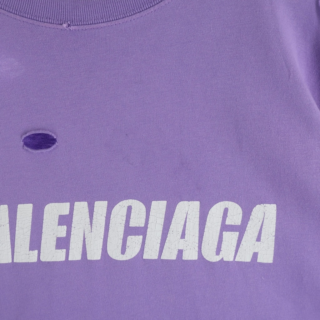 BALENCIAGA(バレンシアガ) 21SS デストロイ加工 ロゴプリント 半袖Tシャツ カットソー パープル 651795 TKVB8