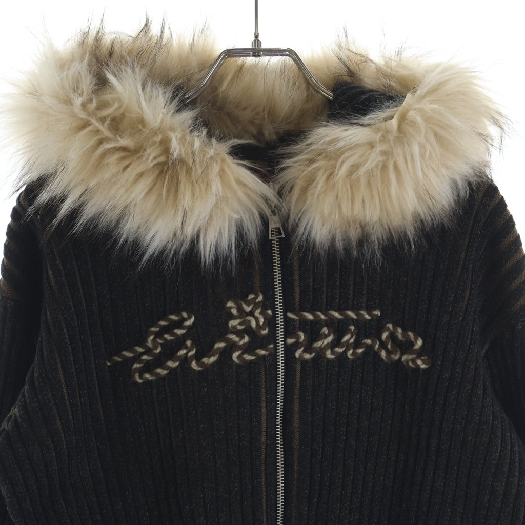 EVISU(エビス) ロゴロープ刺繍 ファー付きジップアップニットジャケット ブラウン 2EAHTW5CN4060XXCT レディース