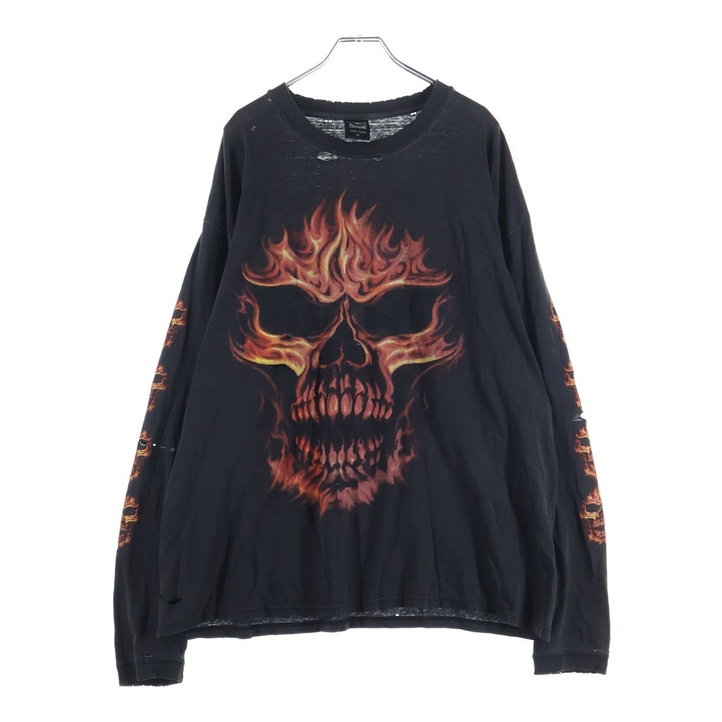 VINTAGE(ヴィンテージ) 00s SKULL FLAME LOGO L/S TEE スカルフレーム プリント 長袖Tシャツカットソー ブラック -
