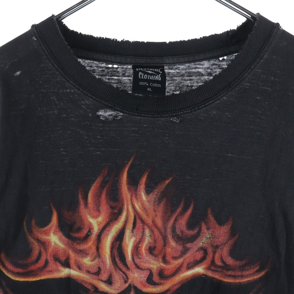 VINTAGE(ヴィンテージ) 00s SKULL FLAME LOGO L/S TEE スカルフレーム プリント 長袖Tシャツカットソー ブラック -