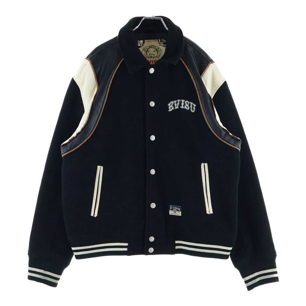 EVISU(エビス) ロゴ刺繍 レザー切替スタジアムジャケット ブラック 2EAHTM4JK1022RXWQ