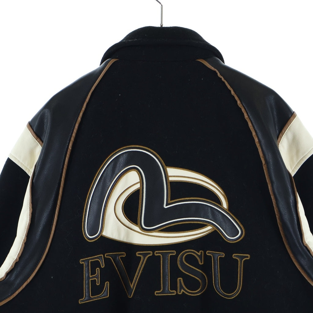 EVISU(エビス) ロゴ刺繍 レザー切替スタジアムジャケット ブラック 2EAHTM4JK1022RXWQ