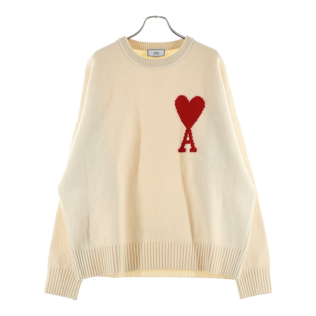 ami paris(アミパリス) HEART LOGO KNIT ロゴデザイン ウール クルーネック ニット セーター ホワイト H20HK009.018