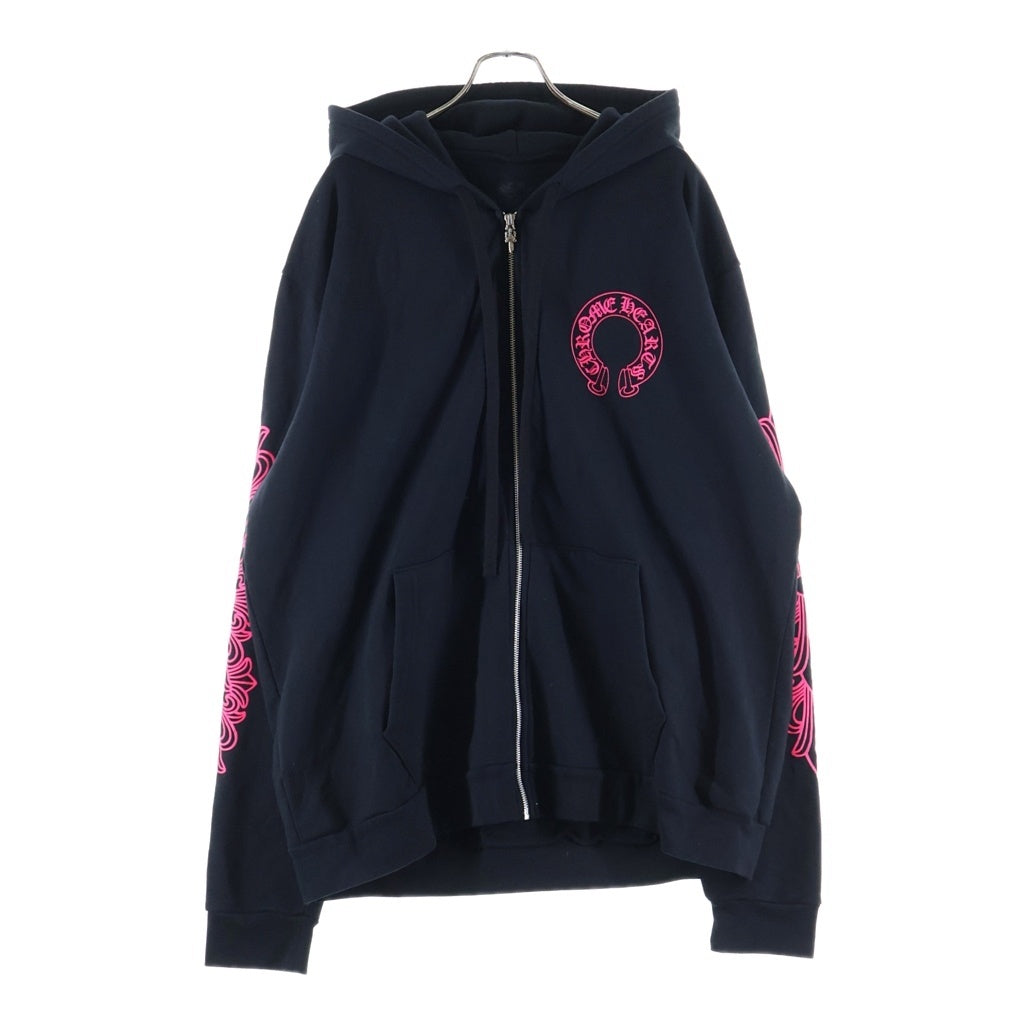 CHROME HEARTS(クロムハーツ) SWTSHRT HD ZIP 袖フローラルバックホースシュープリントパーカー ブラック/ピンク/シルバー