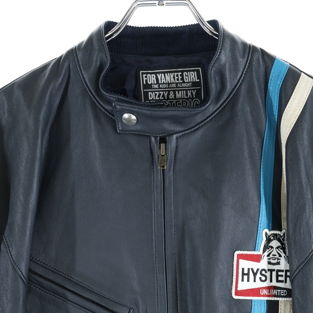 HYSTERIC GLAMOUR(ヒステリックグラマー) ゴートレザー ワッペンロゴ ストライプ ジップアップ ライダースジャケット ネイビー 02213LB02