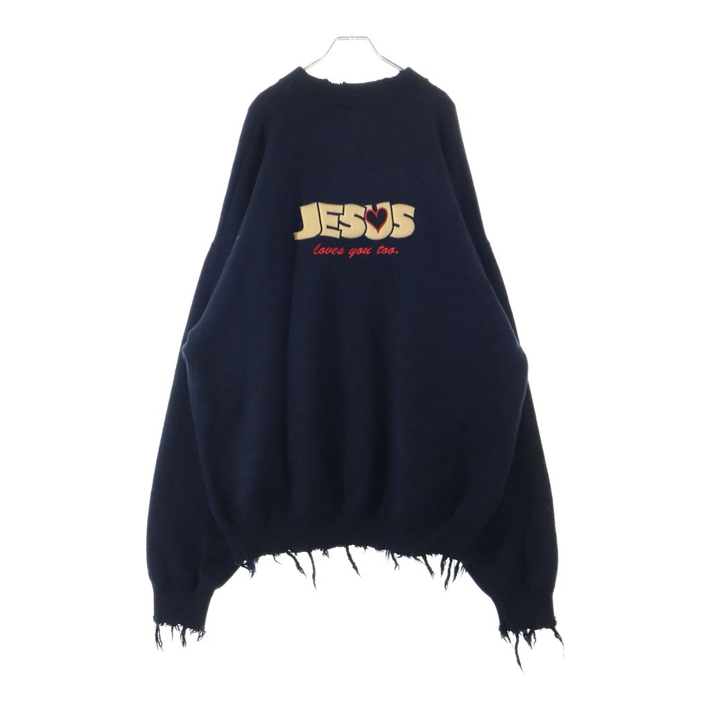 VETEMENTS(ヴェトモン) 23SS JESUS LOVES YOU DESTROYED SWEATER デストロイ加工 ニットセーター ネイビー UE63KN200N