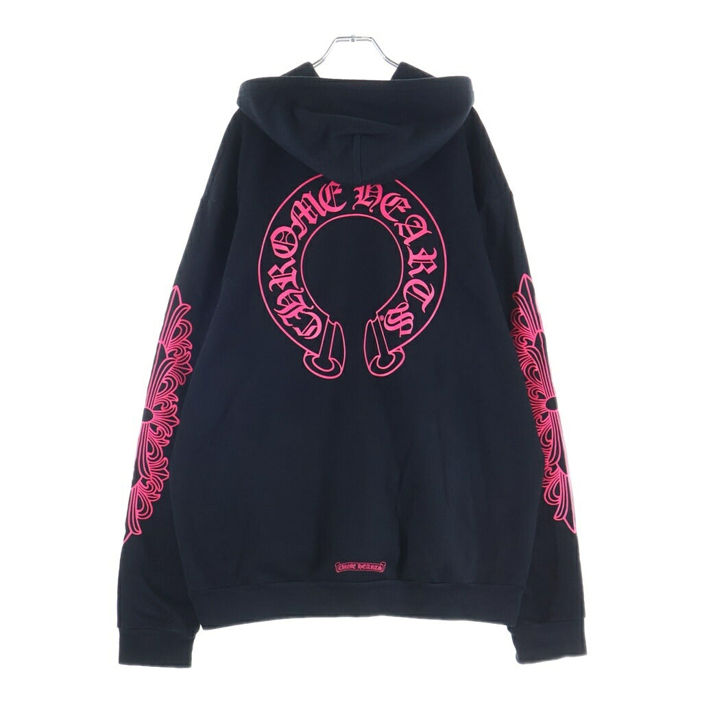 CHROME HEARTS(クロムハーツ) SWTSHRT HD ZIP 袖フローラルバックホースシュープリントパーカー ブラック/ピンク/シルバー