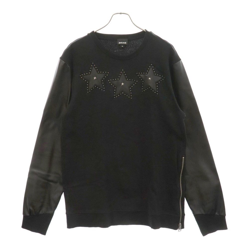 JUST cavalli(ジャストカヴァリ) 18SS コットン フェイクレザー切替 スタッズ クルーネック スウェット トレーナー ブラック S01GU0017 N25157