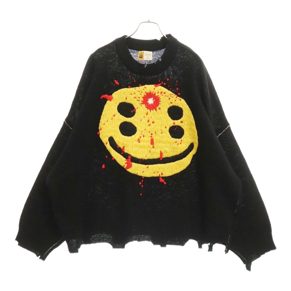 SAINT MICHAEL(セントマイケル) 24AW CP CREW KNT SMILE スマイル ダメージ加工プルオーバーニット セーター SM-YS1-0000-C07 ブラック