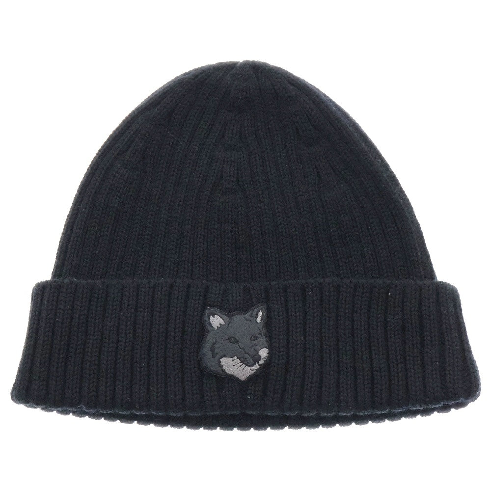 MAISON KITSUNE(メゾンキツネ) Fox Head Patch Ribbed Beanie MM06111KT1022 フォックス刺繍パッチニット帽子 ビーニー ブラック
