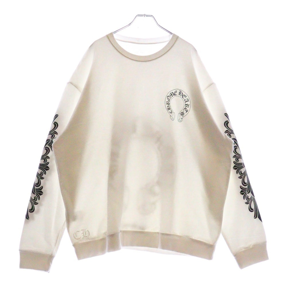 CHROME HEARTS(クロムハーツ) Horseshoe Crewneck Sweatshirt ホースシュープリント 袖フローラル クルーネックスウェットトレーナー ホワイト