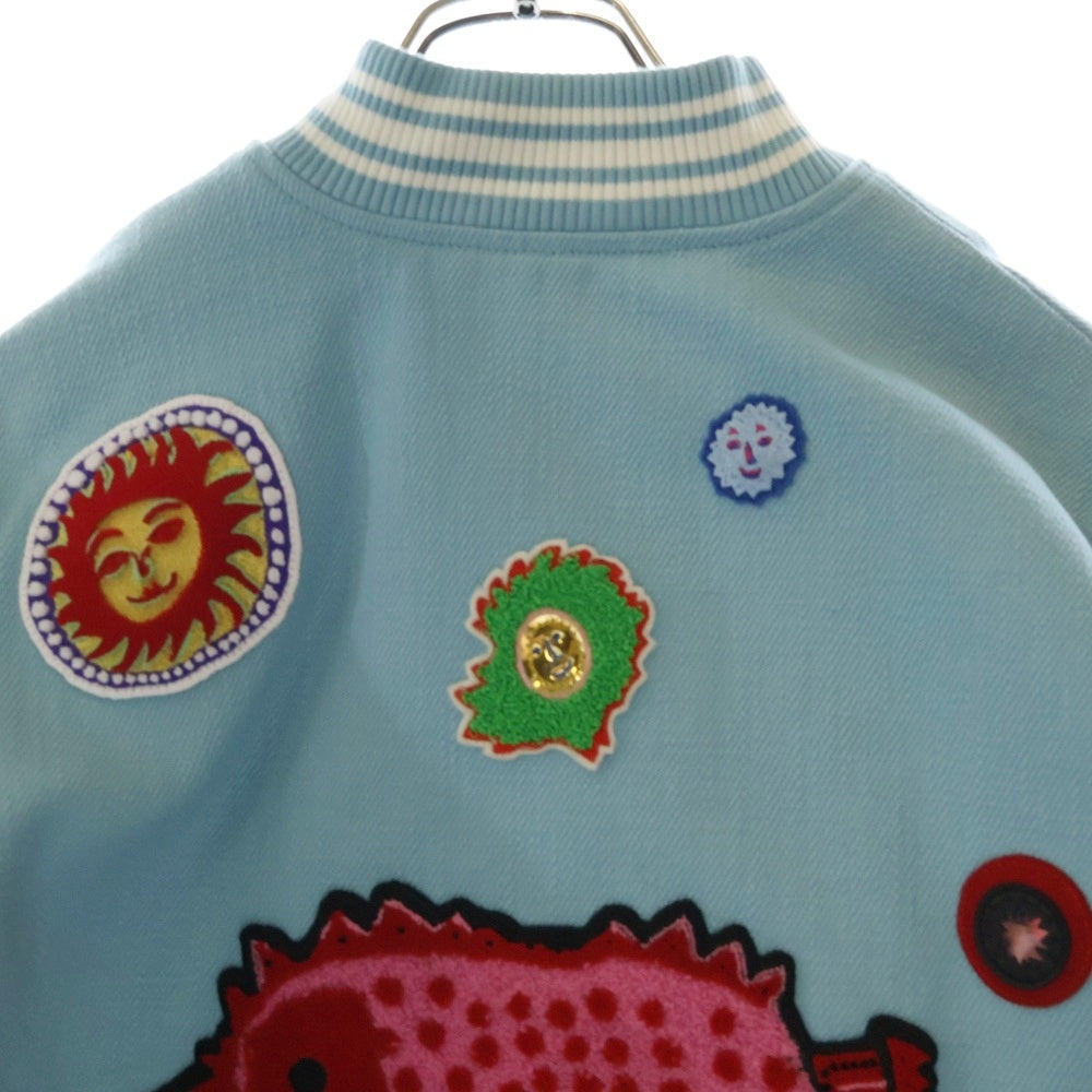 LOUIS VUITTON(ルイヴィトン) 23AW ×YK Embroidered Faces Varsity Blouson RM232H VN6 HOL30E ×草間彌生 パッチワーク バーシティレザー切り替えジャケット スタジャン ブルー/ホワイト